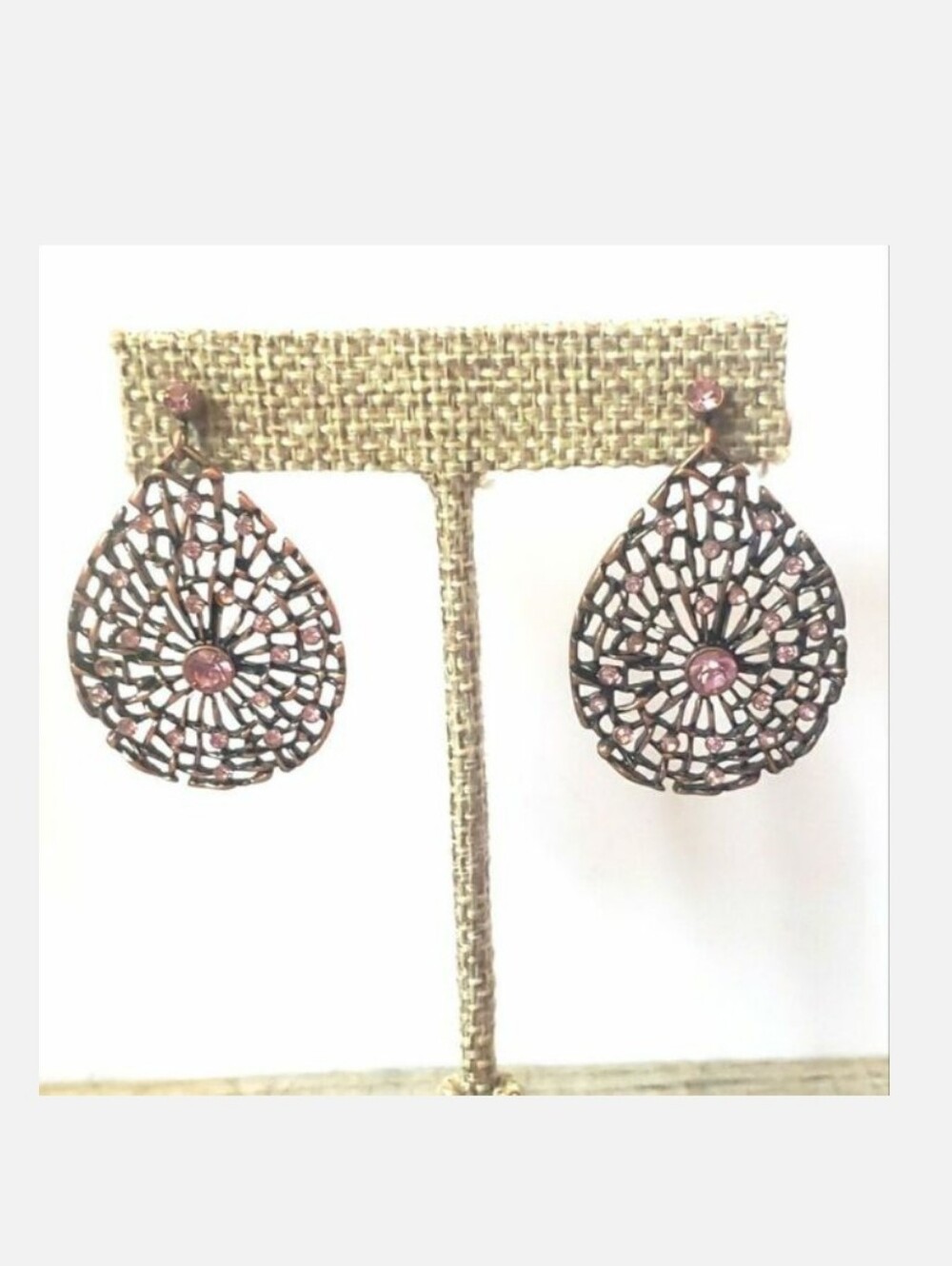 1928 French Hook Teardrop Filigree Earrings Web Design Pink & Copper